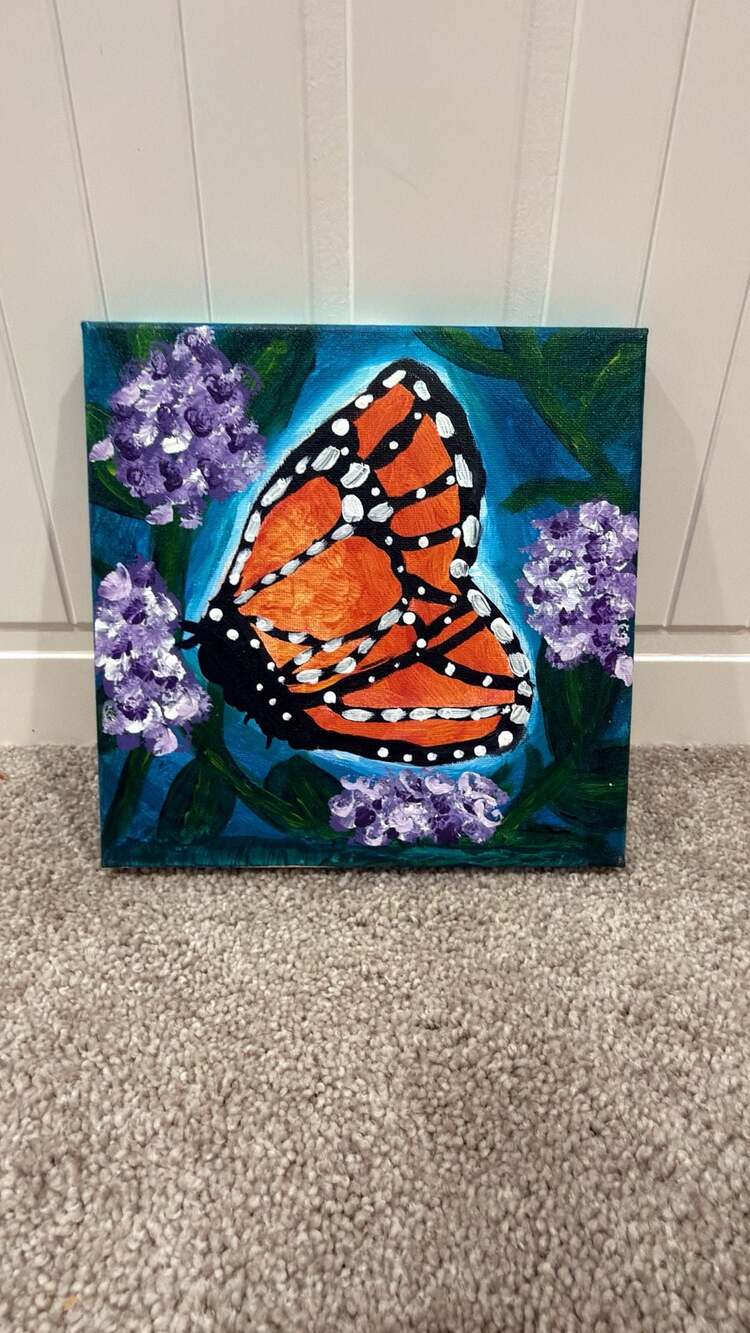Handmade Original Monarch Butterfly, Purple Flowers Acrylic Painting on Canvas